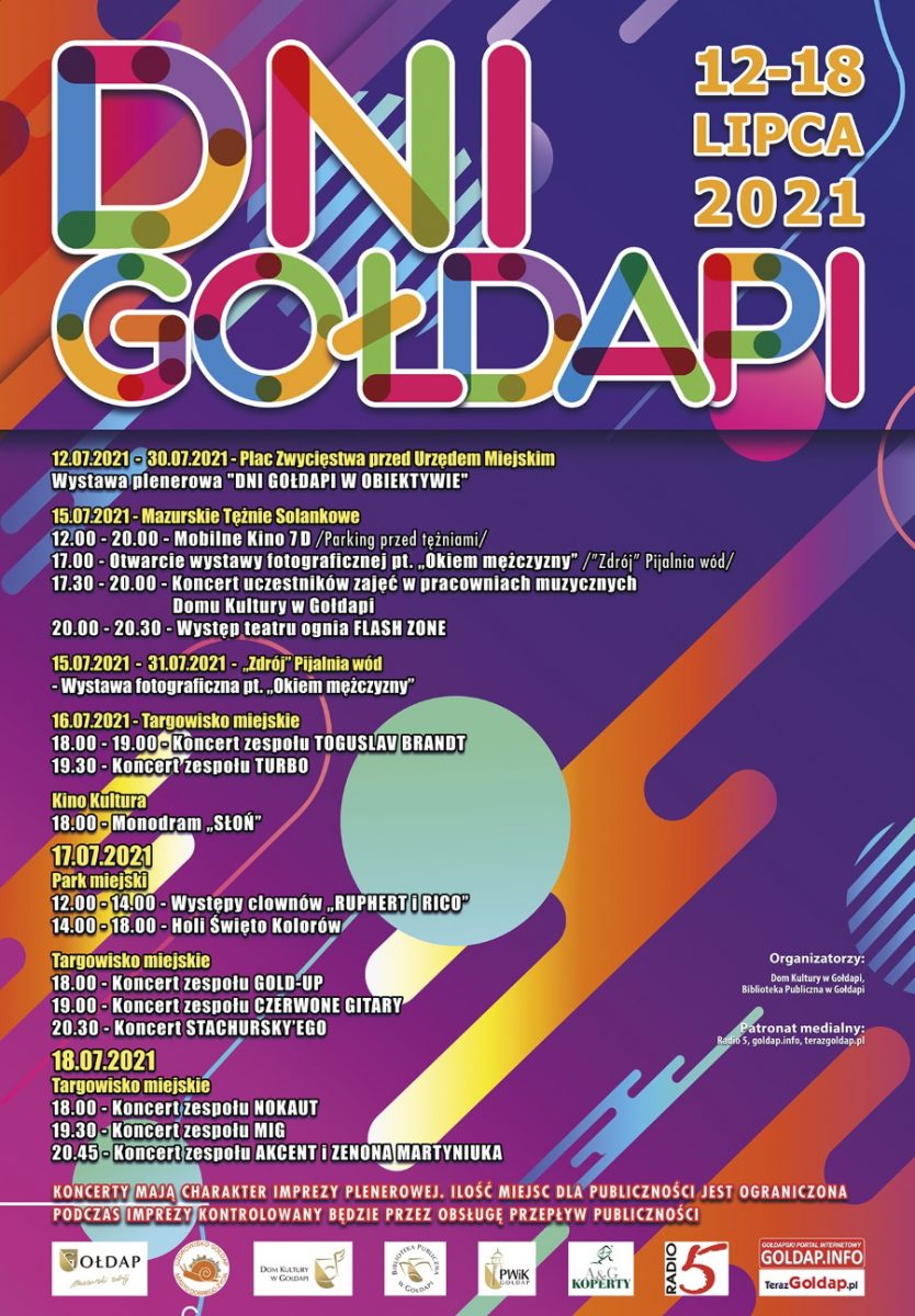 Plakat graficzny zapraszający do Gołdapi na cykliczna imprezę Dni Gołdapi - 2021. Na plakacie szczegółowy program i kolorowy napis Dni Gołdapi.  