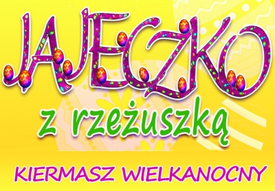 Plakat zapraszający do Gołdapi na cykliczna imprezę Kiermasz Wielkanocny - Jajeczko z Rzeżuszką - Gołdap 2021. Plakat o żółtym tle na którym wydrukowany jest napis Kiermasz Wielkanocny Jajeczko z rzeżuszką.   