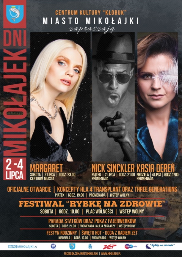 Plakat zapraszający do Mikołajek na Dni Mikołajek 2021. Na plakacie zdjęcia wykonawców.   