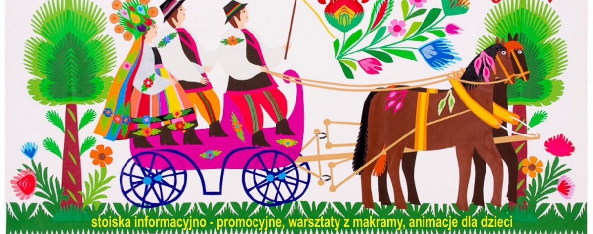 Plakat graficzny zapraszający do Wilkas na cykliczna imprezę Międzynarodowy Jarmark Folkloru - Wilkasy 2021. Na kolorowym graficznym plakacie widzimy wóz zaprzęgnięty w konie, a na nim trzy postacie ubrane w regionalne stroje ludowe.      
