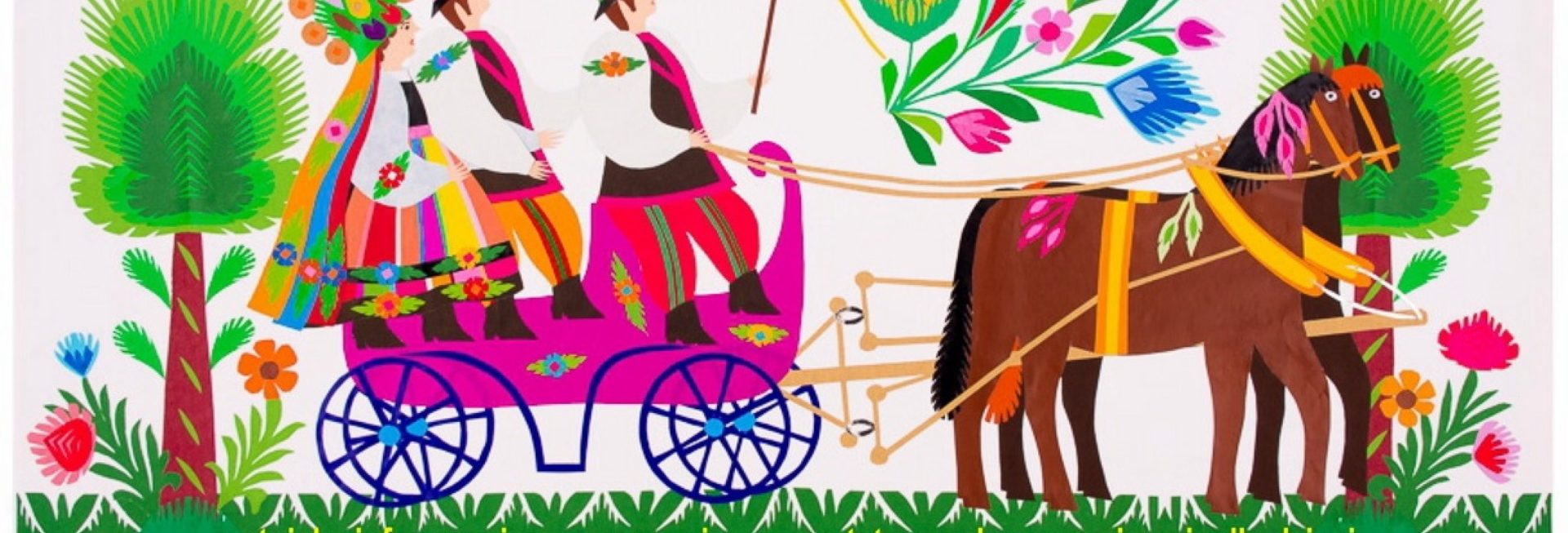 Plakat graficzny zapraszający do Wilkas na cykliczna imprezę Międzynarodowy Jarmark Folkloru - Wilkasy 2021. Na kolorowym graficznym plakacie widzimy wóz zaprzęgnięty w konie, a na nim trzy postacie ubrane w regionalne stroje ludowe.      