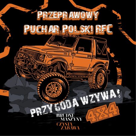 Plakat graficzny zapraszający do Elbląga na imprezę motoryzacyjną Przeprawowy Puchar Polski RFC - Elbląg 2021. Na plakacie grafika samochodu terenowego w pomarańczowych barwach. 