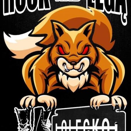 Plakat graficzny zapraszający do Olecka na Festiwal ROCK NAD LEGĄ - Olecko 2021. Na plakacie narysowana wiewiórka.