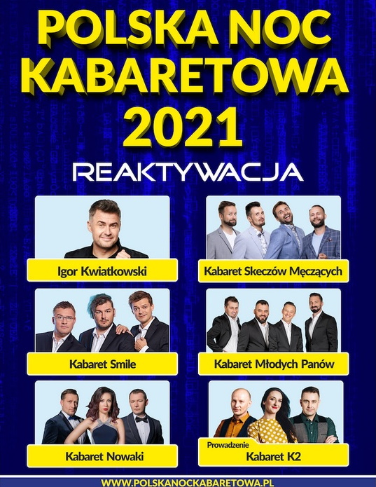 Plakat graficzny zapraszający na Polską Noc Kabaretową – Reaktywacja 2021. Na plakacie sześć zdjęć kabaretów występujących na scenie amfiteatru.     