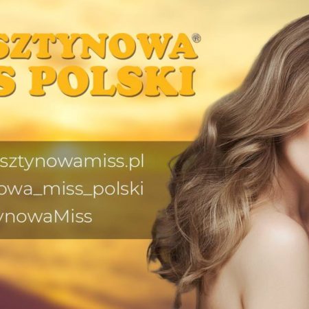 Plakat zapraszający do Węgorzewa na Wielki Finał Wyborów Bursztynowej Miss Polski - Węgorzewo 2021. Na plakacie zdjęcie jednej z uczestniczek imprezy oraz napisy.