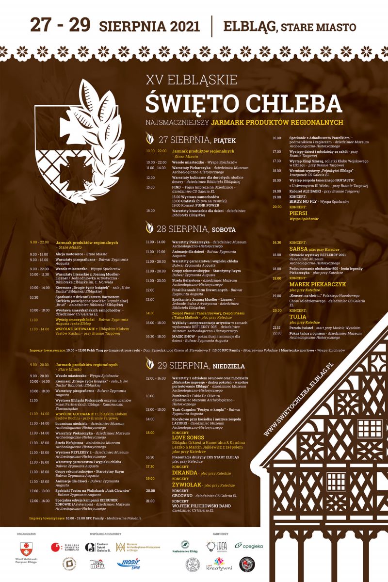 Plakat graficzny zapraszający do Elbląga na kolejną edycję Elbląskiego Święta Chleba 2021. Na plakacie szczegółowy program imprezy. 