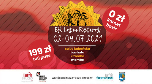 Plakat graficzny zapraszający do Ełku na coroczną imprezę Ełk Latin Festival - Ełk 2021. Na plakacie napisy na czerwonym tle.