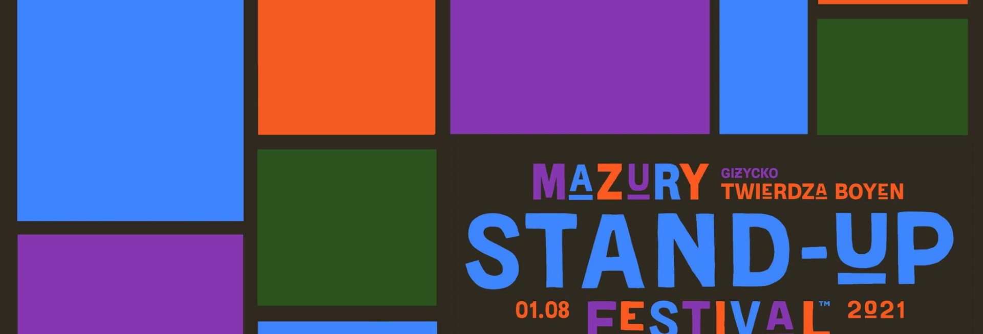 Plakat graficzny zapraszający do Giżycka na 2. edycję imprezy Mazury Stand-up Festival - Giżycko 2021. Na kolorowym plakacie napisy. 