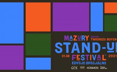 Plakat graficzny zapraszający do Giżycka na 2. edycję imprezy Mazury Stand-up Festival - Giżycko 2021. Na kolorowym plakacie napisy.