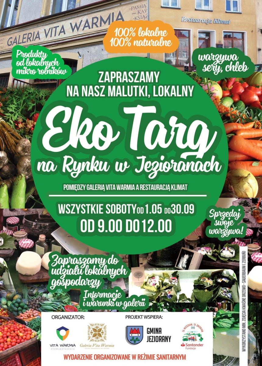 Plakat graficzny zapraszający w sobotę do Jezioran na cotygodniowy Eko Targ na Rynku w Jezioranach 2021. Tłem zdjęcia są ekologiczne warzywa lokalnych producentów. Na plakacie są napisy zapraszające do uczestnictwa w imprezie.    