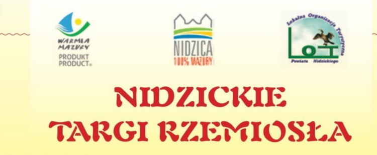 Plakat graficzny zapraszający do Nidzicy na cykliczną imprezę popularyzującą tradycyjne i współczesne rzemiosło Nidzickie Targi Rzemiosła - Nidzica 2021. Na plakacie napisy o imprezie na żółtym tle. 