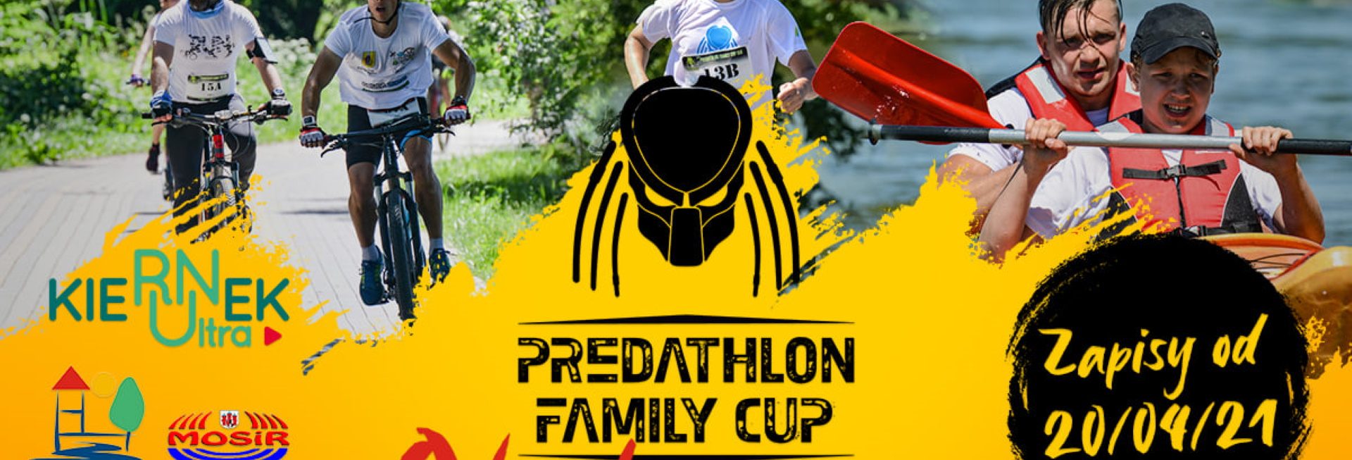 Plakat graficzny zapraszający do Olecka na 1. edycję zawodów Predathlon Family Cup - Olecko 2021. Na plakacie trzy zdjęcia rowerzystów, biegacza i kajakarzy uczestniczących w zawodach.