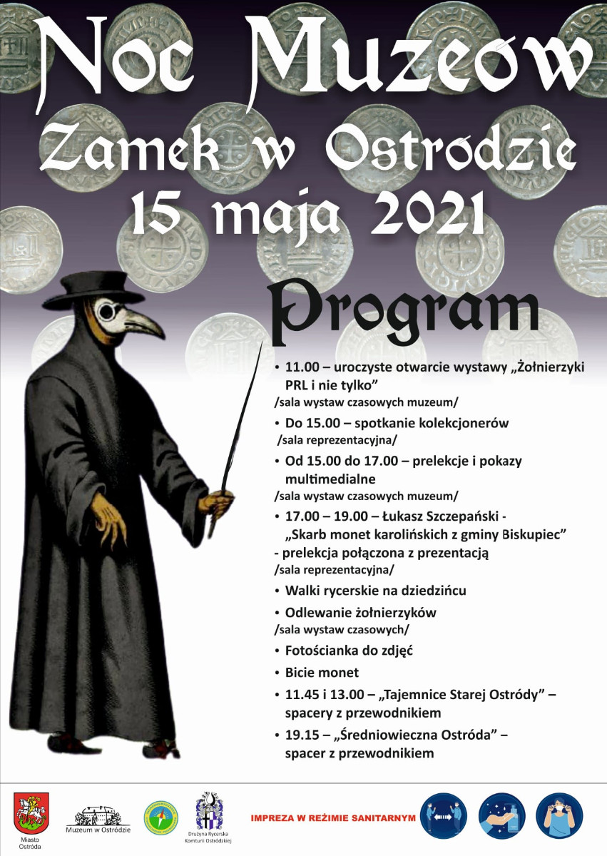 Plakat graficzny zapraszający do odwiedzenia Zamku w Ostródzie w ramach Nocy Muzeów - Ostróda 2021. Na plakacie program imprezy.
