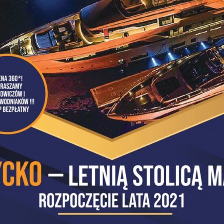 Plakat graficzny zapraszający do Giżycka na dwudniową imprezę, Rozpoczęcie lata 2021 – GIŻYCKO – letnią stolicą Mazur. Na plakacie zdjęcie dwóch jachtów przycumowanych w nocy do przystani. 