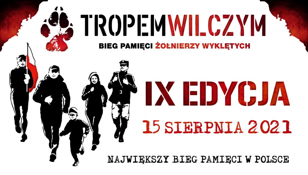 Plakat graficzny zapraszający na 9. edycję Biegu Pamięci Żołnierzy Wyklętych "Tropem Wilczym" 2021. Na plakacie napisy z datą imprezy.  