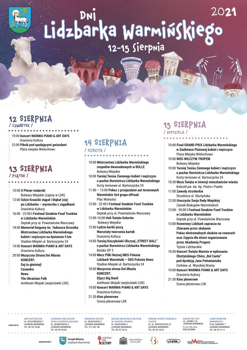 Plakat graficzny zapraszający do Lidzbarka Warmińskiego na Dni Lidzbarka Warmińskiego 2021. Na plakacie program imprezy.