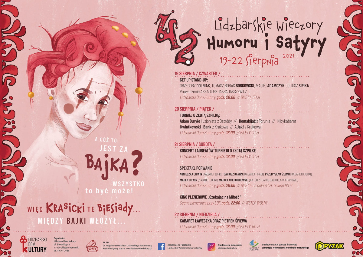 Plakat graficzny zapraszający do Lidzbarka Warmińskiego na 42. edycję Lidzbarskich Wieczorów Humoru i Satyry 2021. Na plakacie program imprezy.