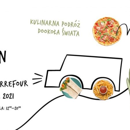 Plakat graficzny zapraszający do Olsztyna na 12. edycję Festiwalu Smaków Food Trucków - Olsztyn 2021. Na plakacie napisy zapraszające na imprezę oraz zdjęcia pizzy.