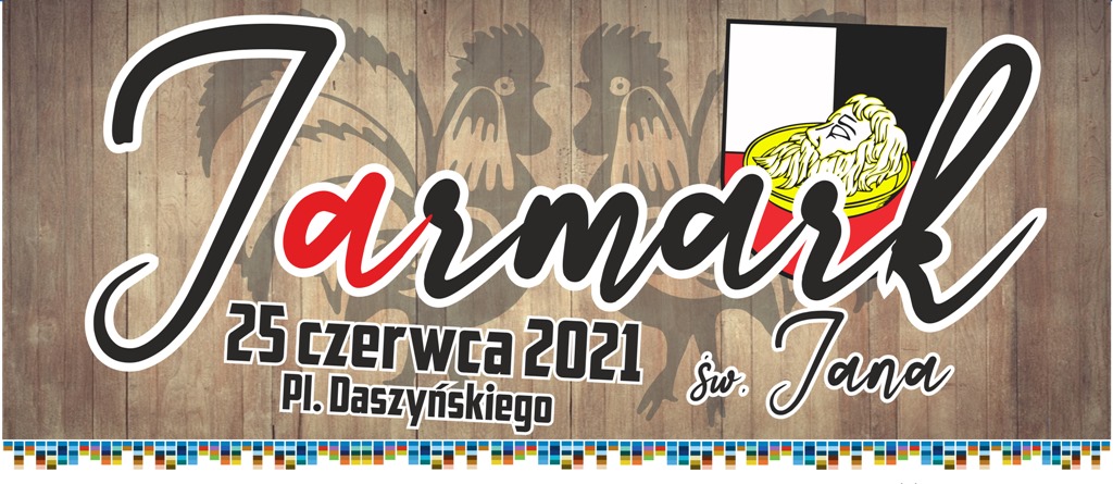 Plakat graficzny zapraszający do Pisza na cykliczną imprezę 10. edycję Międzynarodowego Jarmarku św. Jana - Pisz 2021. Na plakacie napisy na brązowym tle. 