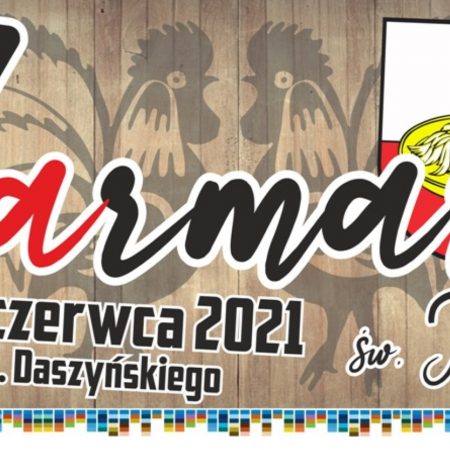 Plakat graficzny zapraszający do Pisza na cykliczną imprezę 10. edycję Międzynarodowego Jarmarku św. Jana - Pisz 2021. Na plakacie napisy na brązowym tle. 