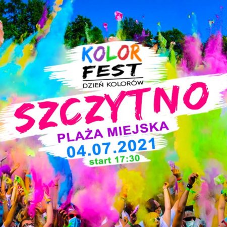 Plakat graficzny zapraszający do Szczytna na imprezę Kolor Fest Szczytno – Dzień Kolorów Holi w Szczytnie 2021. Na kolorowym plakacie publiczność rzucająca proszkami podczas zabawy. 