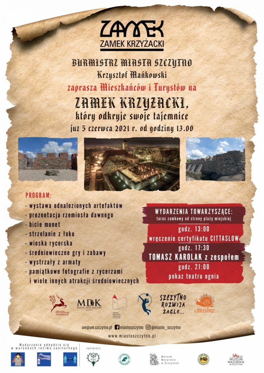 Plakat zapraszający mieszkańców i turystów na otwarcie Zamku Krzyżackiego w Szczytnie. Na plakacie program imprezy.