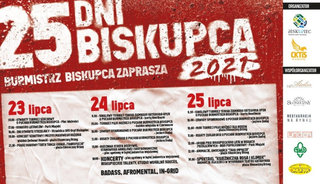 Plakat graficzny zapraszający do Biskupca na 25. edycję Dni Biskupca 2021. Na plakacie napisy i szczegółowy program imprezy.