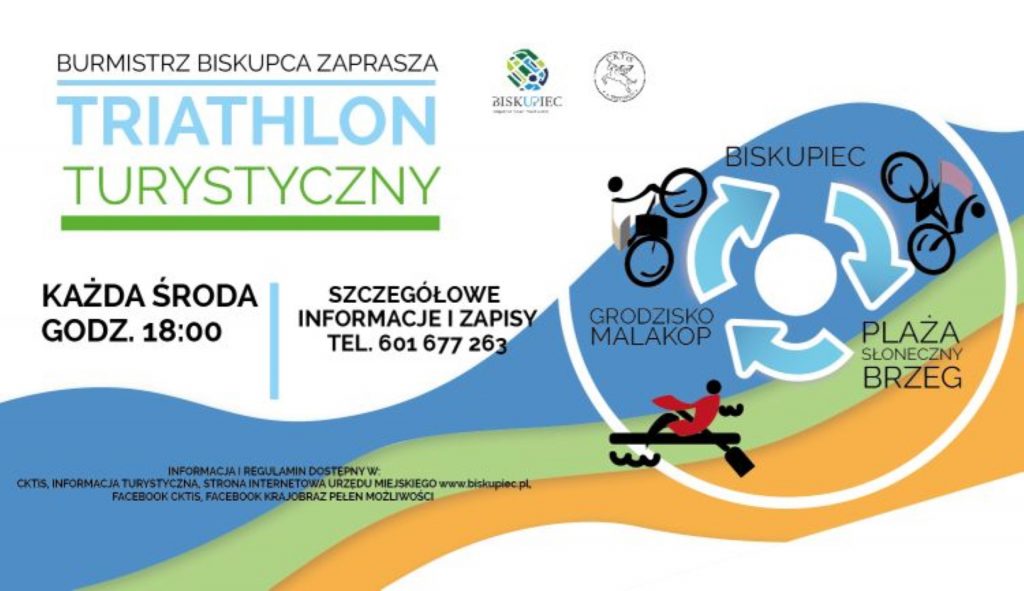 Plakat graficzny zapraszający całe rodziny do Biskupca na zawody Triathlon turystyczny - Biskupiec 2021. Na plakacie napisy zapraszające na zawody oraz grafika rowerzysty i kajakarza. 