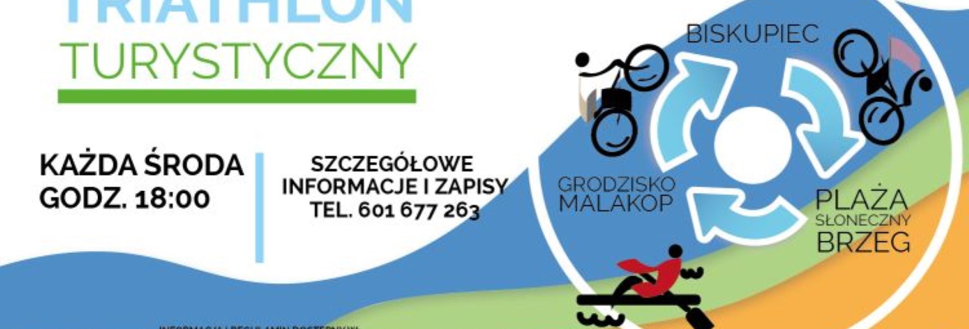 Plakat graficzny zapraszający całe rodziny do Biskupca na zawody Triathlon turystyczny - Biskupiec 2021. Na plakacie napisy zapraszające na zawody oraz grafika rowerzysty i kajakarza. 