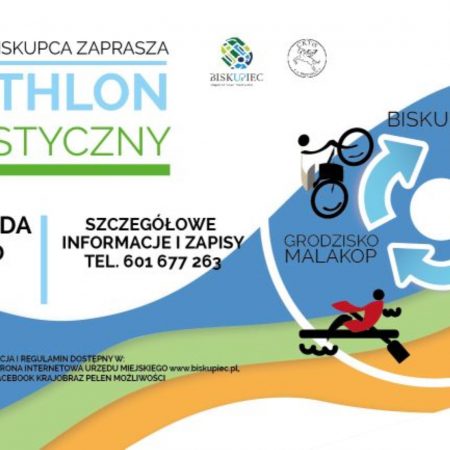Plakat graficzny zapraszający całe rodziny do Biskupca na zawody Triathlon turystyczny - Biskupiec 2021. Na plakacie napisy zapraszające na zawody oraz grafika rowerzysty i kajakarza. 