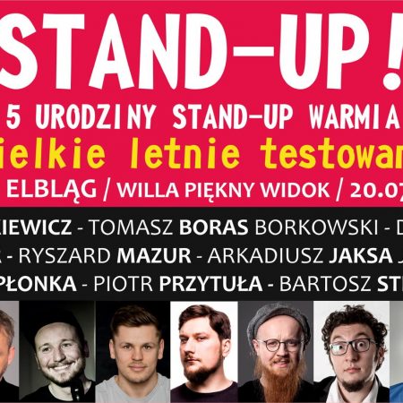 Plakat graficzny zapraszający we wtorek do Elbląga na 5. Urodziny STAND-UP WARMIA - Elbląg 2021. Na plakacie zdjęcia komików oraz napisy zapraszające na występy. 