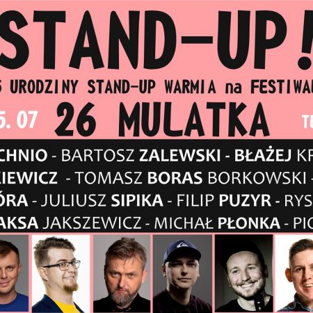 Plakat graficzny zapraszający w czwartek do Ełku na 5. Urodziny STAND-UP WARMIA - Ełk 2021. Na plakacie zdjęcia komików oraz napisy zapraszające na występy. 