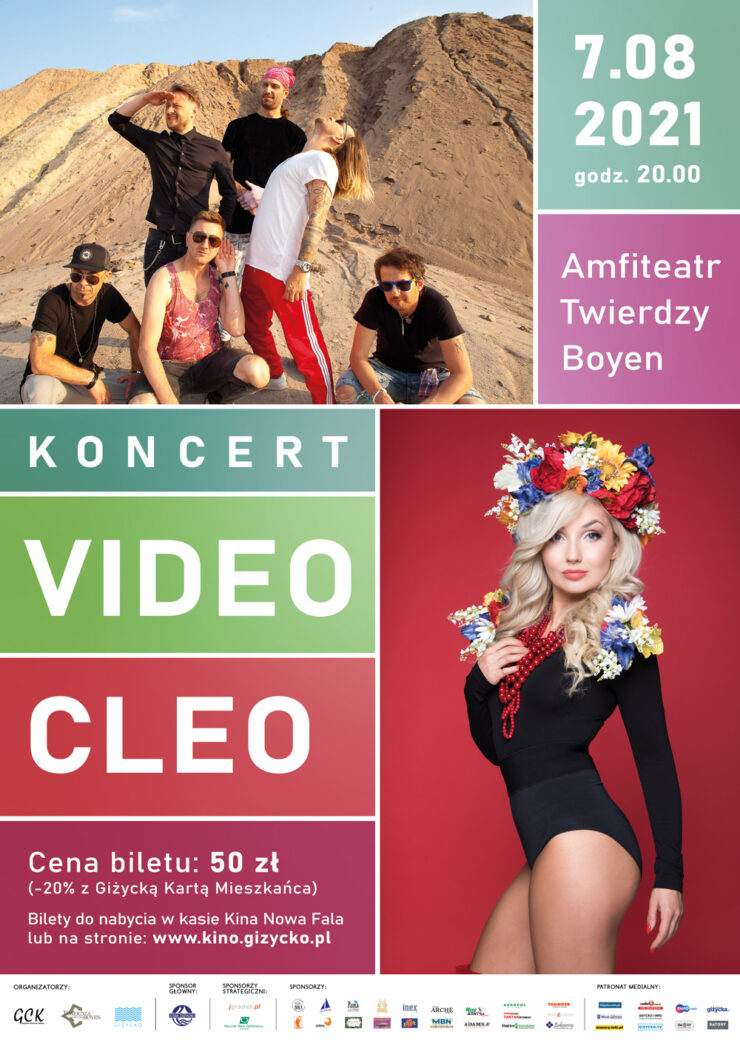 Plakat graficzny zapraszający na koncert zespołu Video i Cleo - Giżycko Twierdza Boyen 2021. Na plakacie zdjęcie zespołu Video i Cleo. 