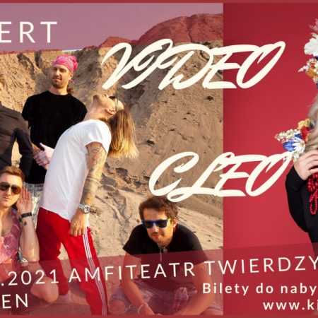 Plakat graficzny zapraszający na koncert zespołu Video i Cleo - Giżycko Twierdza Boyen 2021. Na plakacie zdjęcie zespołu Video i Cleo. 