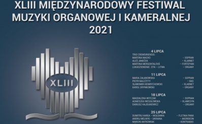 Plakat graficzny zapraszający do Giżycka na Międzynarodowy Festiwal Muzyki Organowej i Kameralnej - Giżycko 2021. Na plakacie program koncertów w lipcu oraz graficzna imitacja trąbek organowych.