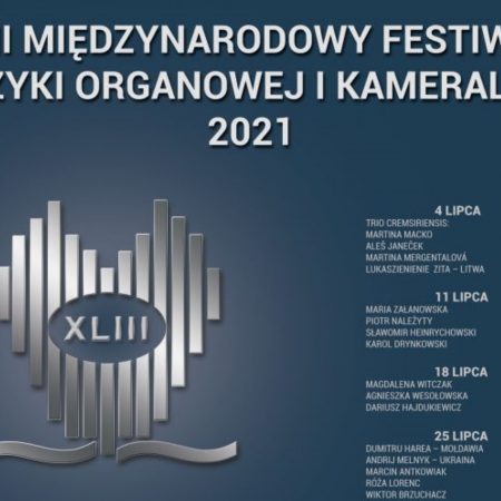 Plakat graficzny zapraszający do Giżycka na Międzynarodowy Festiwal Muzyki Organowej i Kameralnej - Giżycko 2021. Na plakacie program koncertów w lipcu oraz graficzna imitacja trąbek organowych.  