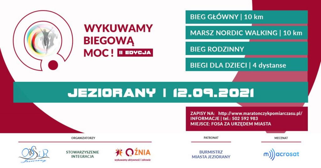 Plakat graficzny zapraszający do Jezioran na 2. edycję zawodów sportowych, Wykuwamy Biegową Moc! - Jeziorany 2021. Na plakacie napisy informujące o imprezie.