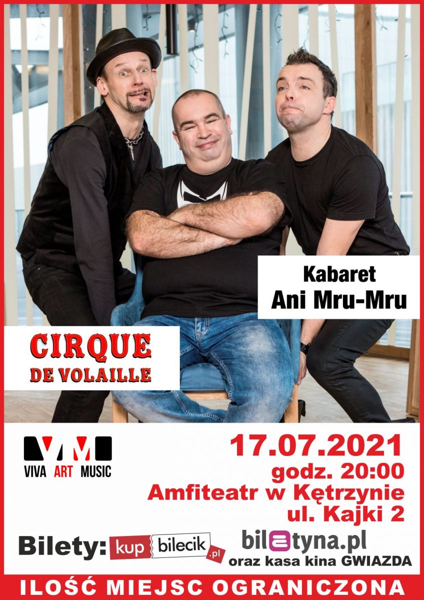 Plakat graficzny Kabaretu Ani Mru-Mru zapraszający na swoje występy. Na plakacie zdjęcie artystów oraz napisy zapraszające na występy do Kętrzyna.