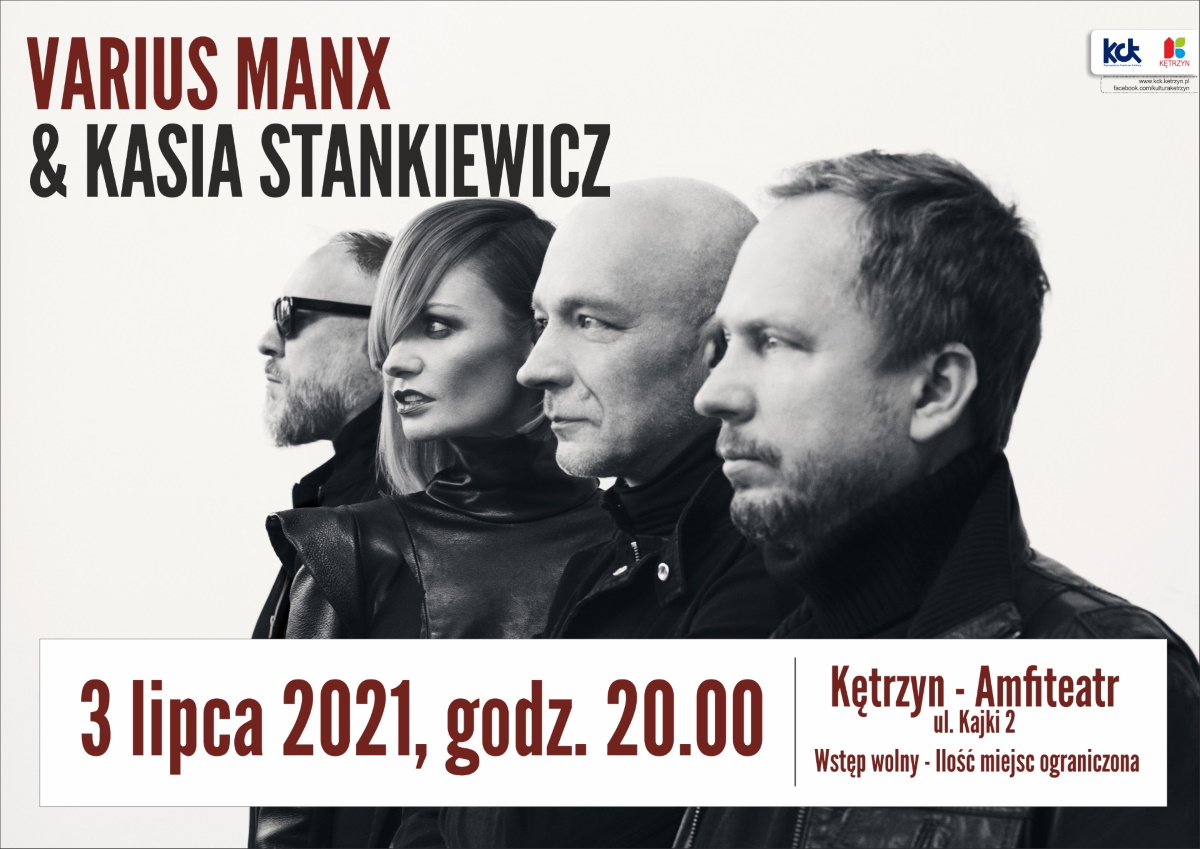 Plakat graficzny zapraszający do Kętrzyna na koncert zespołu Varius Manx & Kasia Stankiewicz. Na plakacie zdjęcia członków zespołu. 