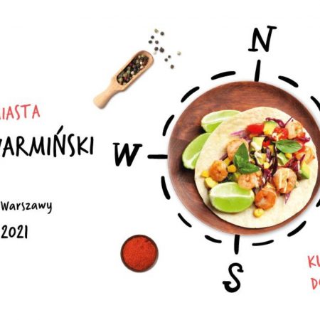 Plakat graficzny zapraszający do Lidzbarka Warmińskiego na 1. edycję Festiwalu Smaków Food Trucków – Lidzbark Warmiński 2021. Na plakacie napisy i zdjęcie dania podanego na talerzu.