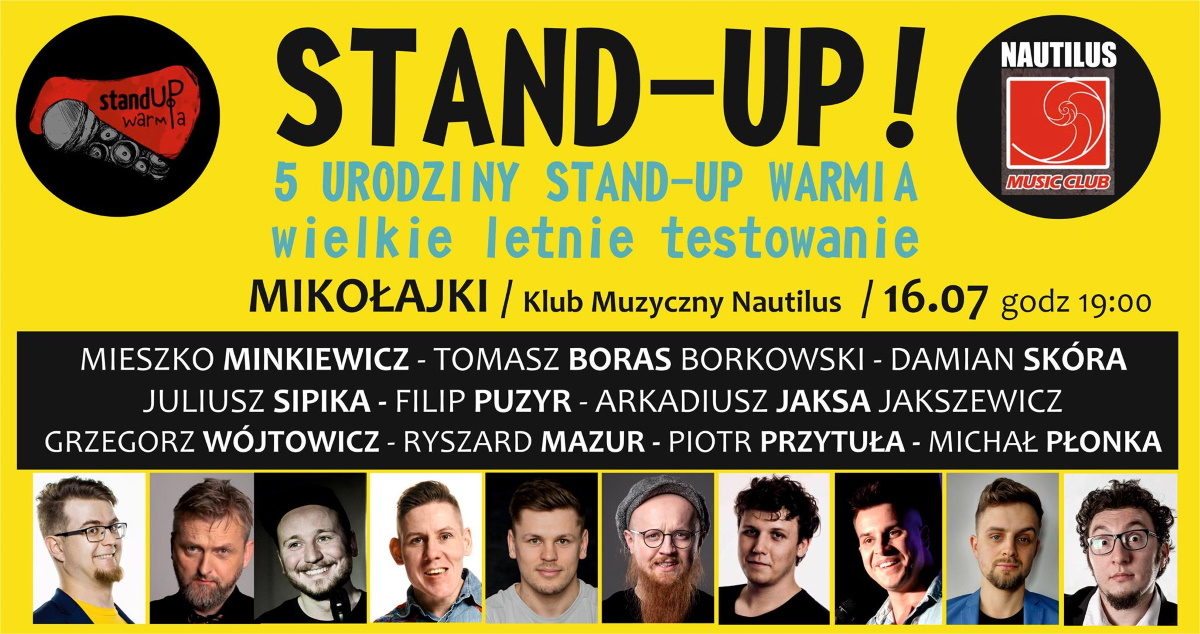 Plakat graficzny zapraszający w piątek do Mikołajek na 5. Urodziny STAND-UP WARMIA - Mikołajki 2021. Na plakacie zdjęcia komików oraz napisy zapraszające na występy. 