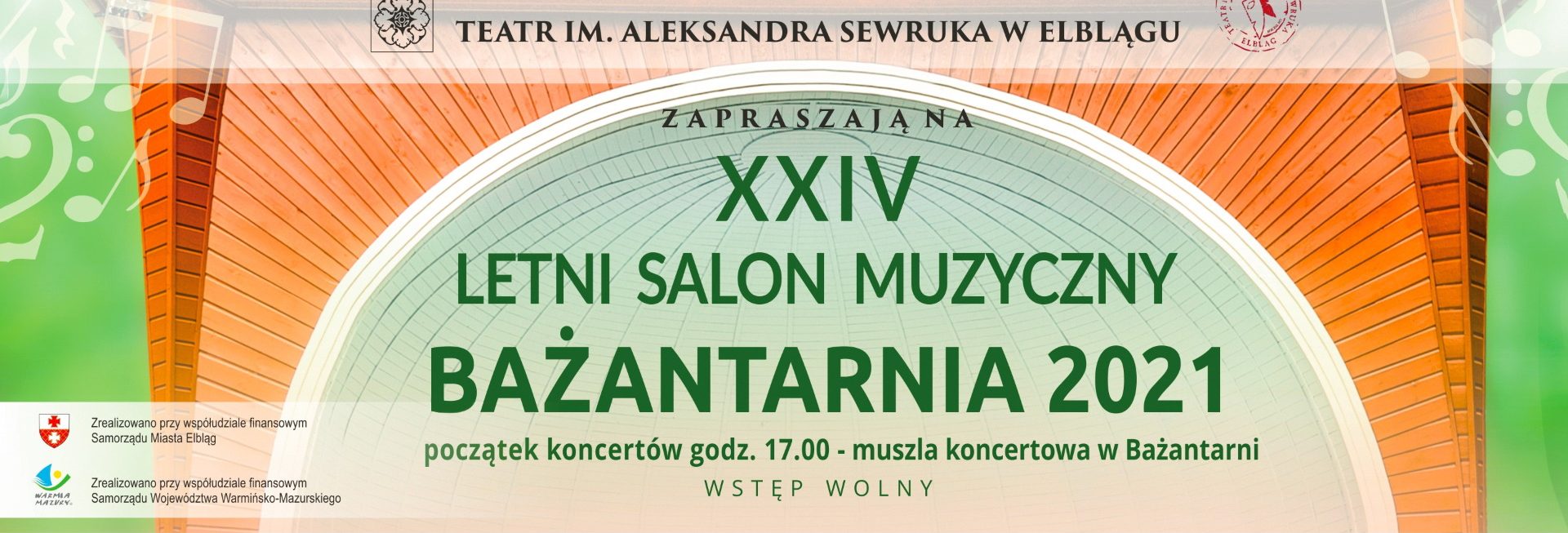 Plakat graficzny zapraszający do Elbląga na imprezę plenerową 24. Letni Salon Muzyczny "Bażantarnia 2021" - Elbląg. Na plakacie napisy na pomarańczowym tle.