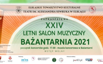 Plakat graficzny zapraszający do Elbląga na imprezę plenerową 24. Letni Salon Muzyczny "Bażantarnia 2021" - Elbląg. Na plakacie napisy na pomarańczowym tle.
