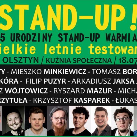Plakat graficzny zapraszający w niedzielę do Olsztyna na 5. Urodziny STAND-UP WARMIA - Olsztyn 2021. Na plakacie zdjęcia komików oraz napisy zapraszające na występy. 