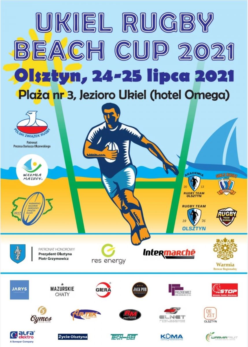 Plakat graficzny zapraszający na plażę miejską jeziora Ukiel obok hotelu Omega na imprezę sportową Ukiel Rugby Beach Cup 2021 - Plaża Olsztyn 2021. Na plakacie napisy i loga sponsorów oraz graficzna postać rugbysty. 