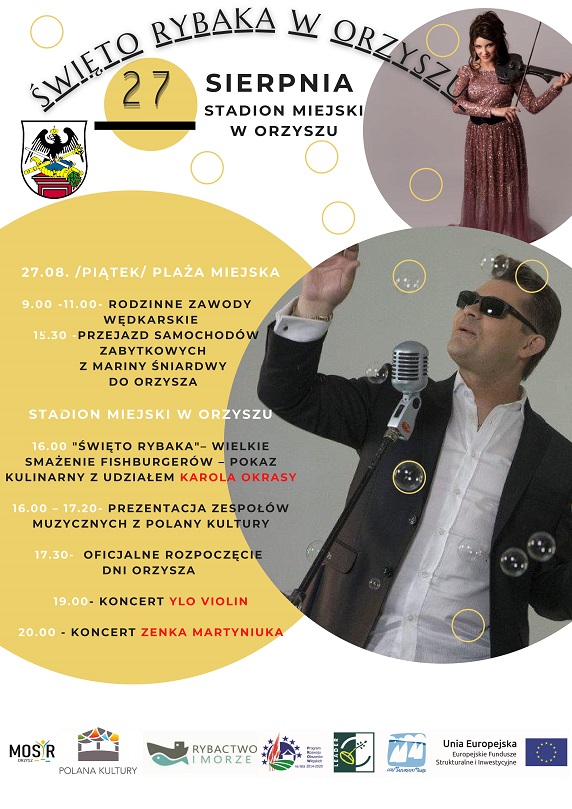 Plaka graficzny zapraszający do Orzysza na imprezę Święto Rybaka - Orzysz 2021. Na plakacie zdjęcia artystów - skrzypaczki Ylo Violin oraz Zenka Martyniuka z zespołem Akcent. 