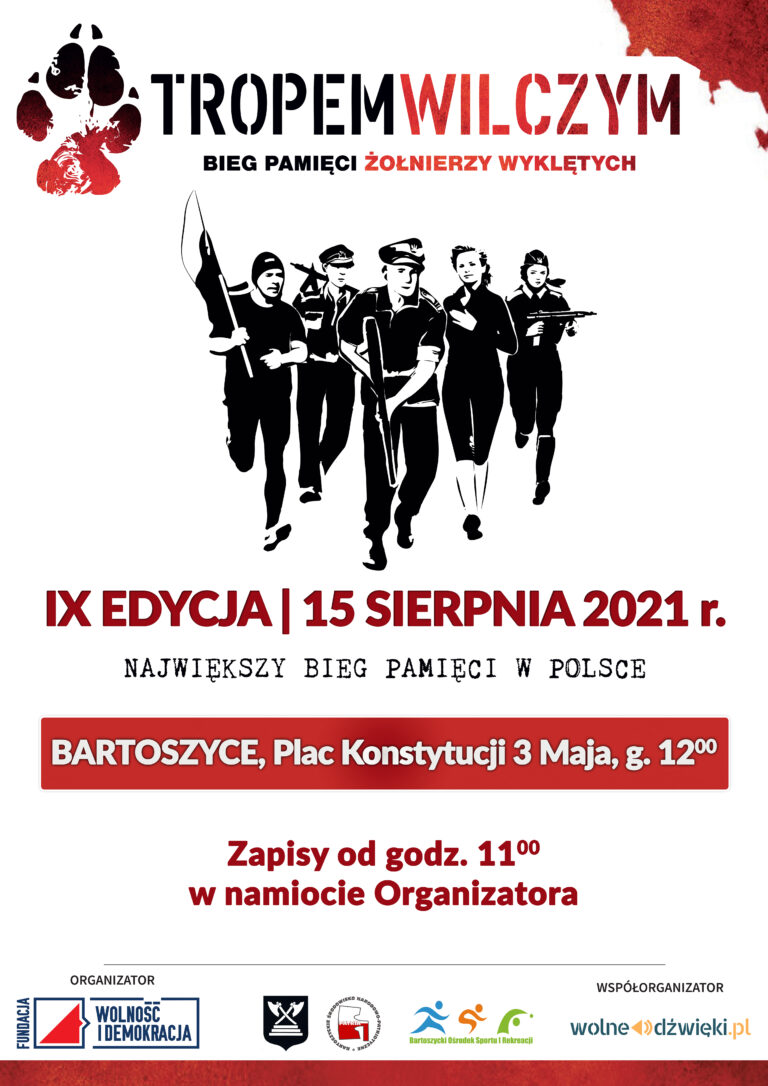 Plakat graficzny zapraszający na 9. edycję Biegu Pamięci Żołnierzy Wyklętych "Tropem Wilczym" 2021. Na plakacie napisy z datą imprezy.  