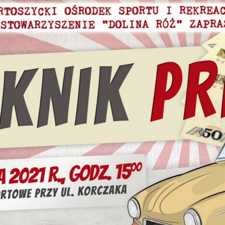 Plakat graficzny zapraszający do Bartoszyc na Piknik PRL - Bartoszyce 2021. Na plakacie grafika starego samochodu z lat PRL - syrenki oraz napisy zapraszające na imprezę plenerową.