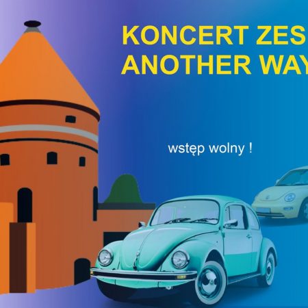 Plakat graficzny zapraszający do Dobrego Miasta na imprezę "Garbato przy Baszcie" - Parada VW Garbusów Dobre Miasto 2021. Na plakacie grafika baszty zamku oraz 3 VW garbusów. 