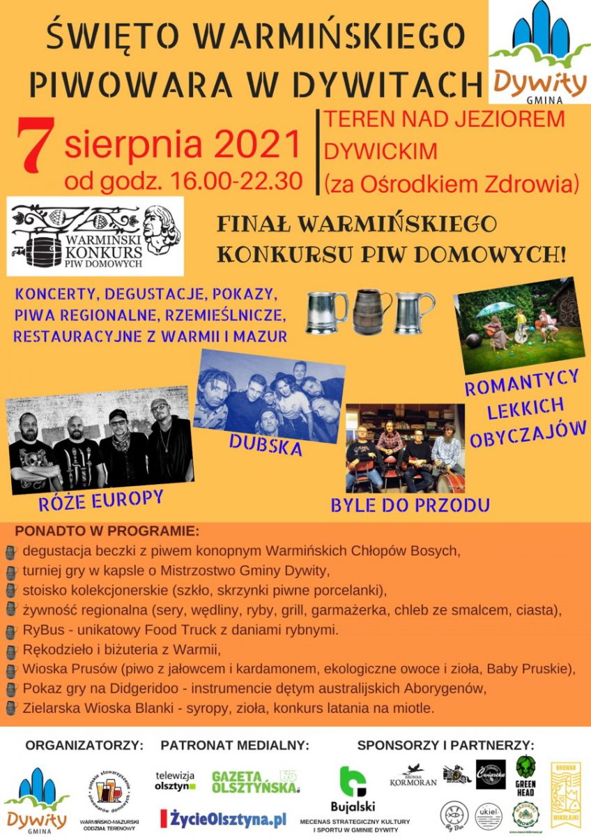 Plakat graficzny zapraszający do Dywit na Święto Warmińskiego Piwowara - Dywity 2021. Na plakacie zdjęcia wykonawców oraz dokładny program imprezy.    